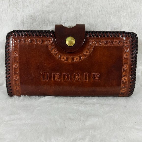 Vintage Hand Tooled Leather Wallet Kiss Lock Billfold Western Brown DEBBIE - Picture 1 of 14